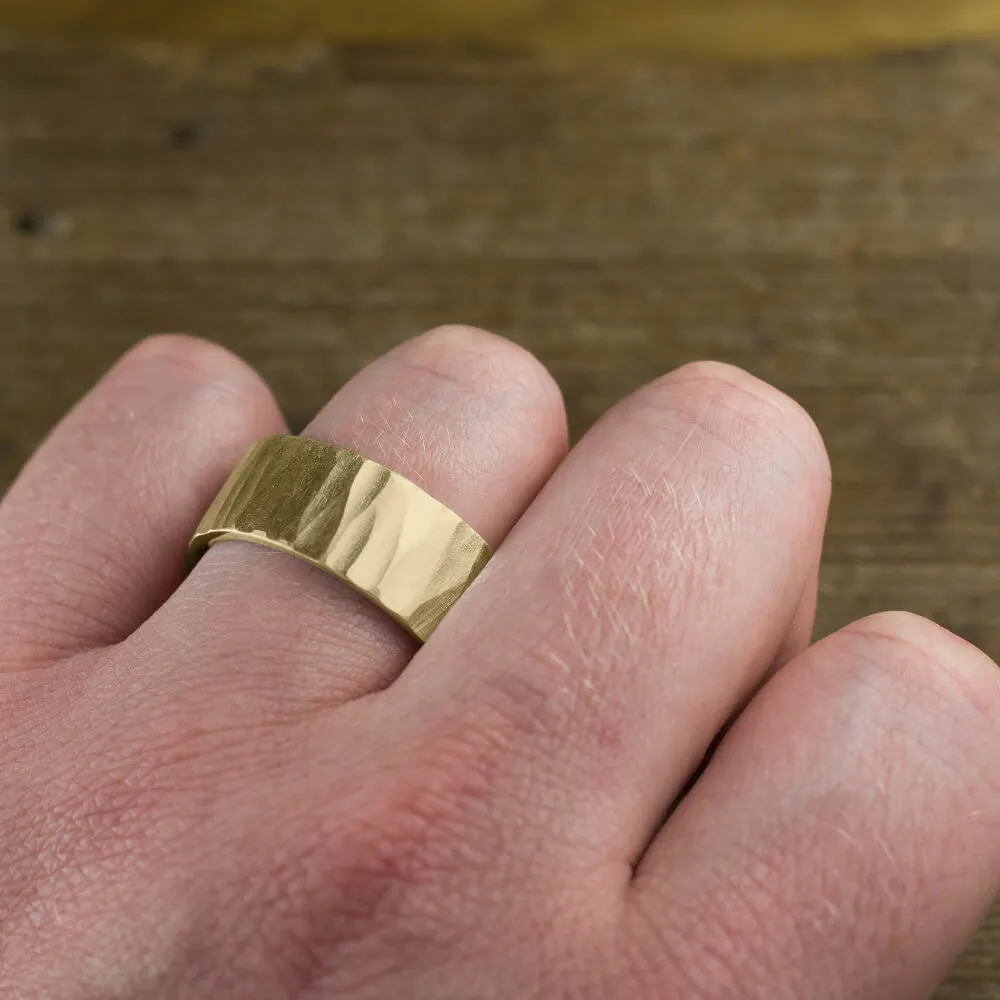 10mm 14k Yellow Gold Mens Wedding Band, Wood Grain Matte