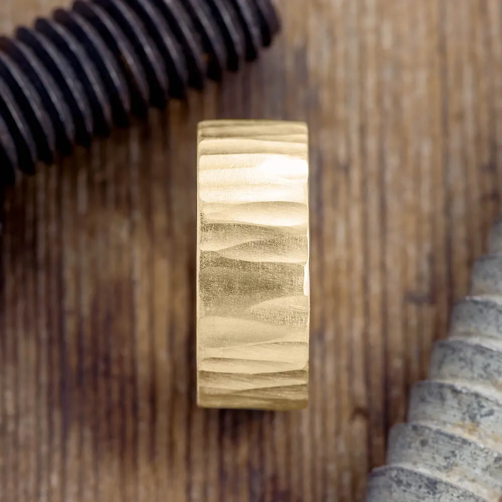 10mm 14k Yellow Gold Mens Wedding Band, Wood Grain Matte