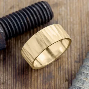10mm 14k Yellow Gold Mens Wedding Band, Wood Grain Matte