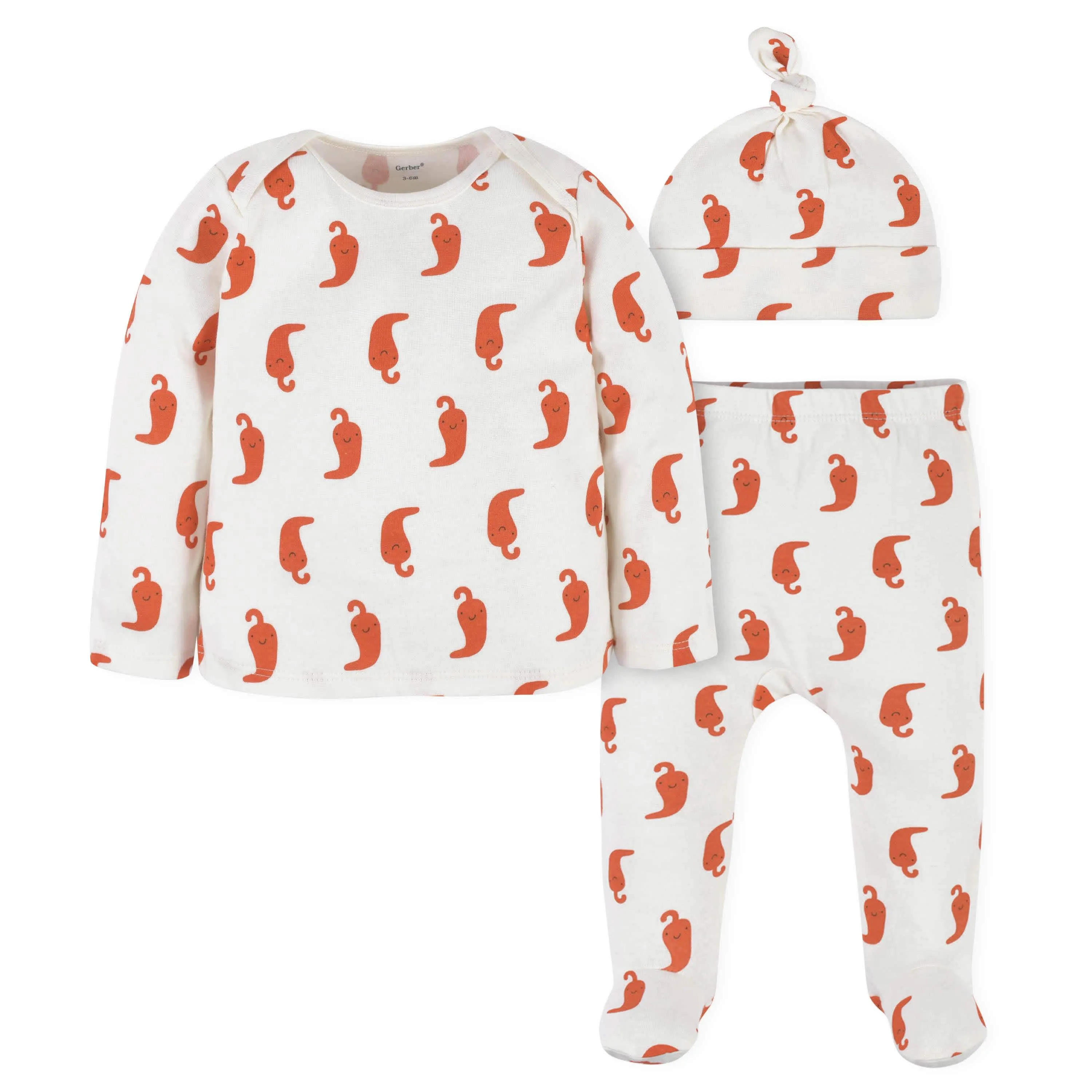 3-Piece Baby Neutral Comfy Stretch Pepper Long Sleeve Shirt, Footed Pant, & Cap Set