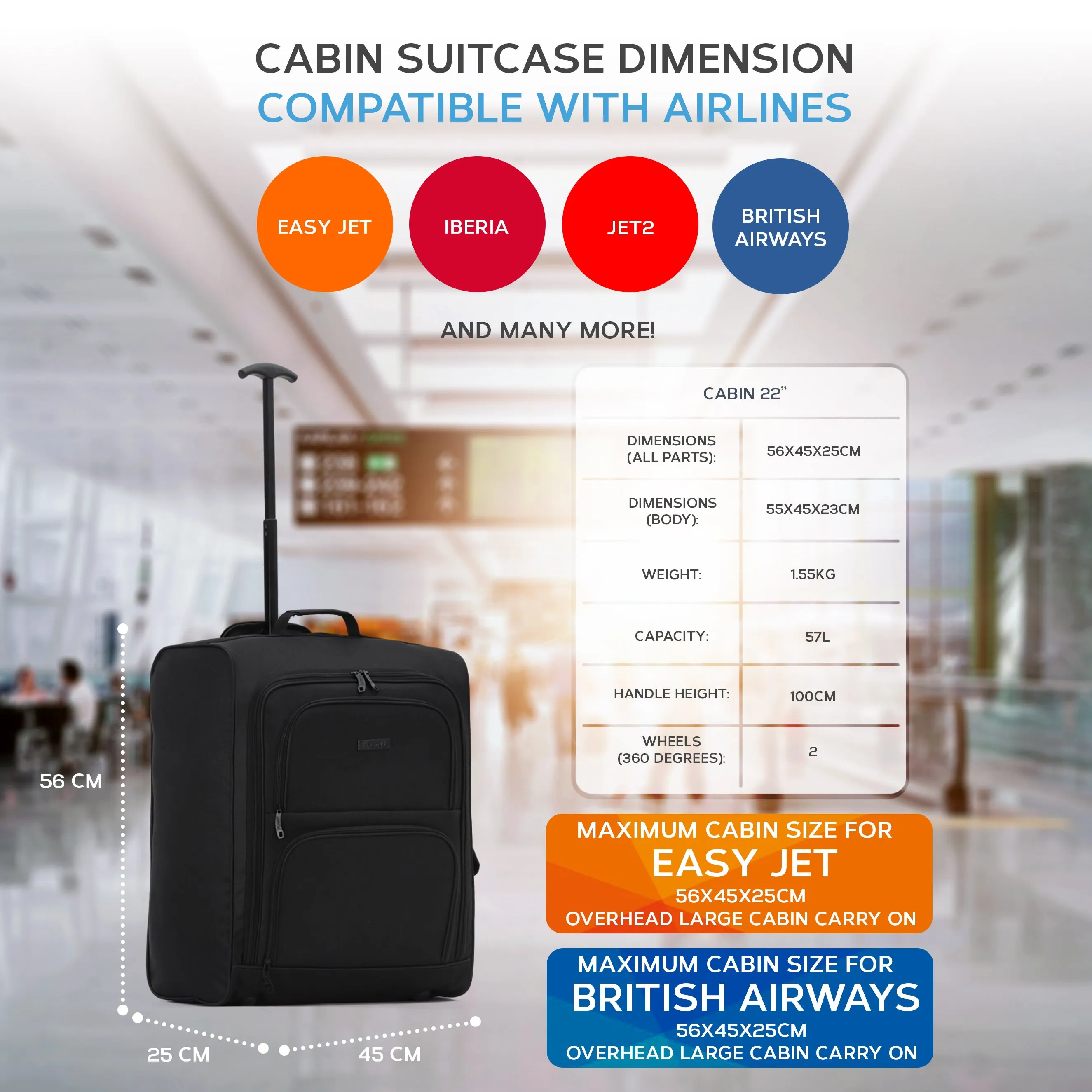 56x45x25cm 2 Wheel Soft Shell Suitcase