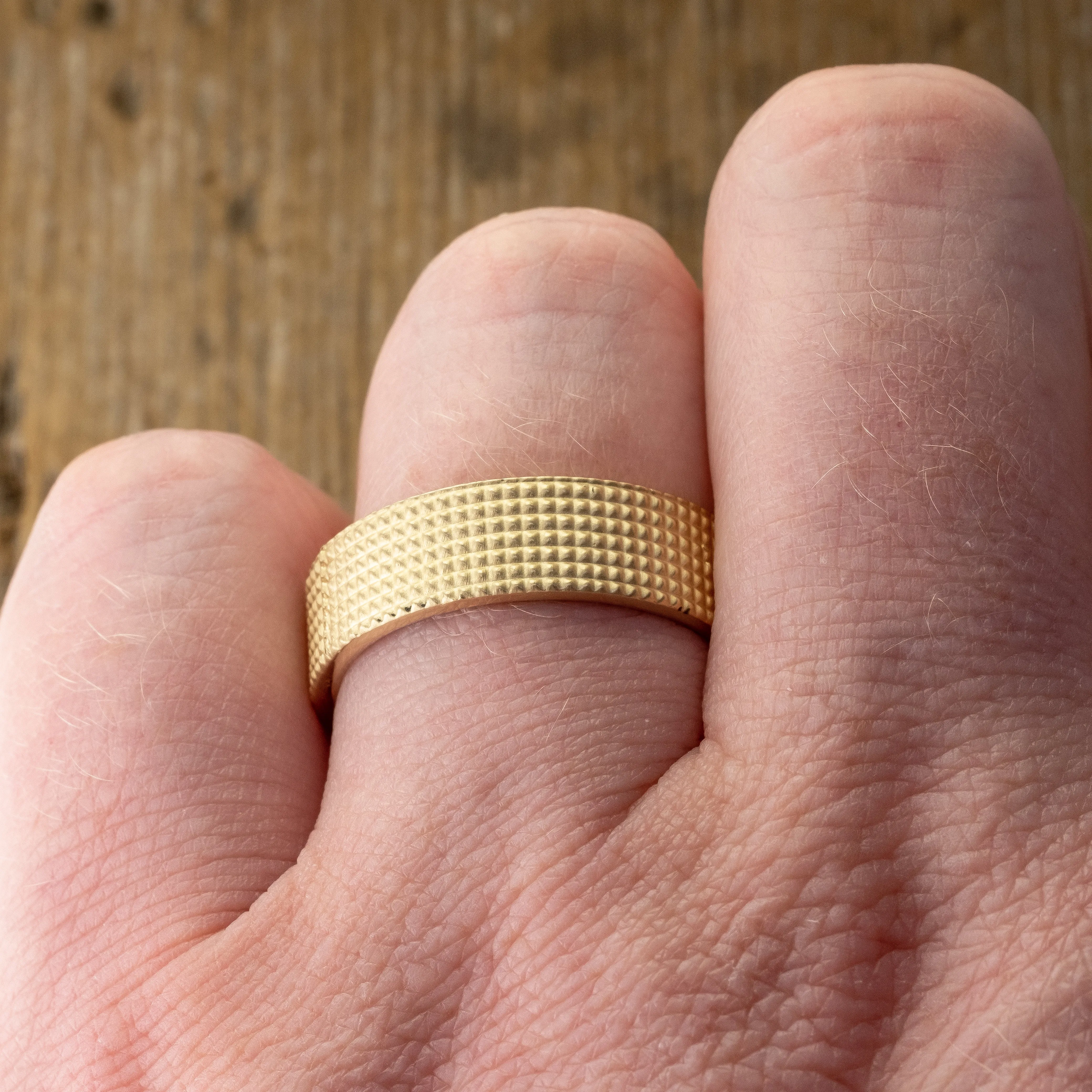 6mm 14k Yellow Gold Mens Wedding Band, Knurling Texture