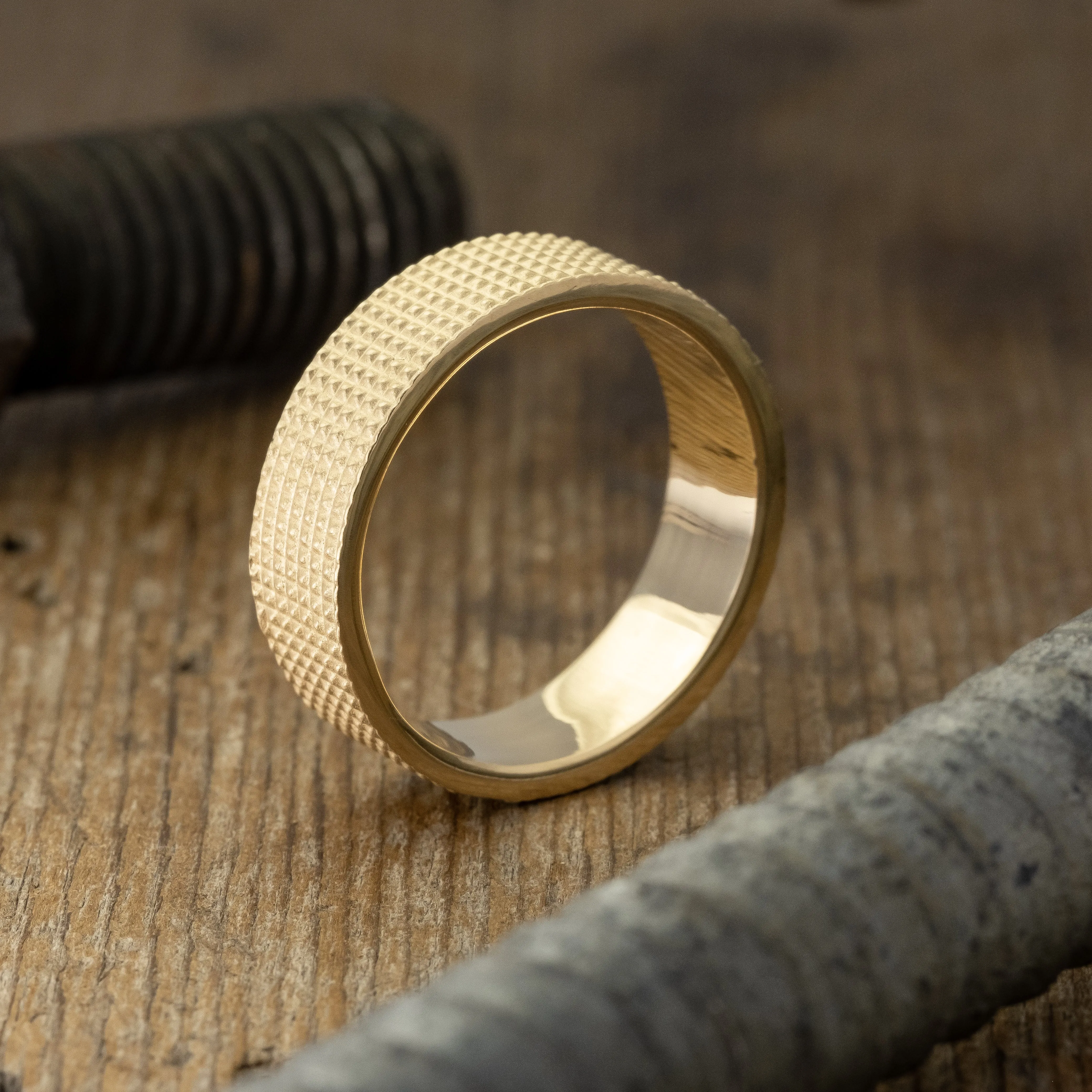 6mm 14k Yellow Gold Mens Wedding Band, Knurling Texture