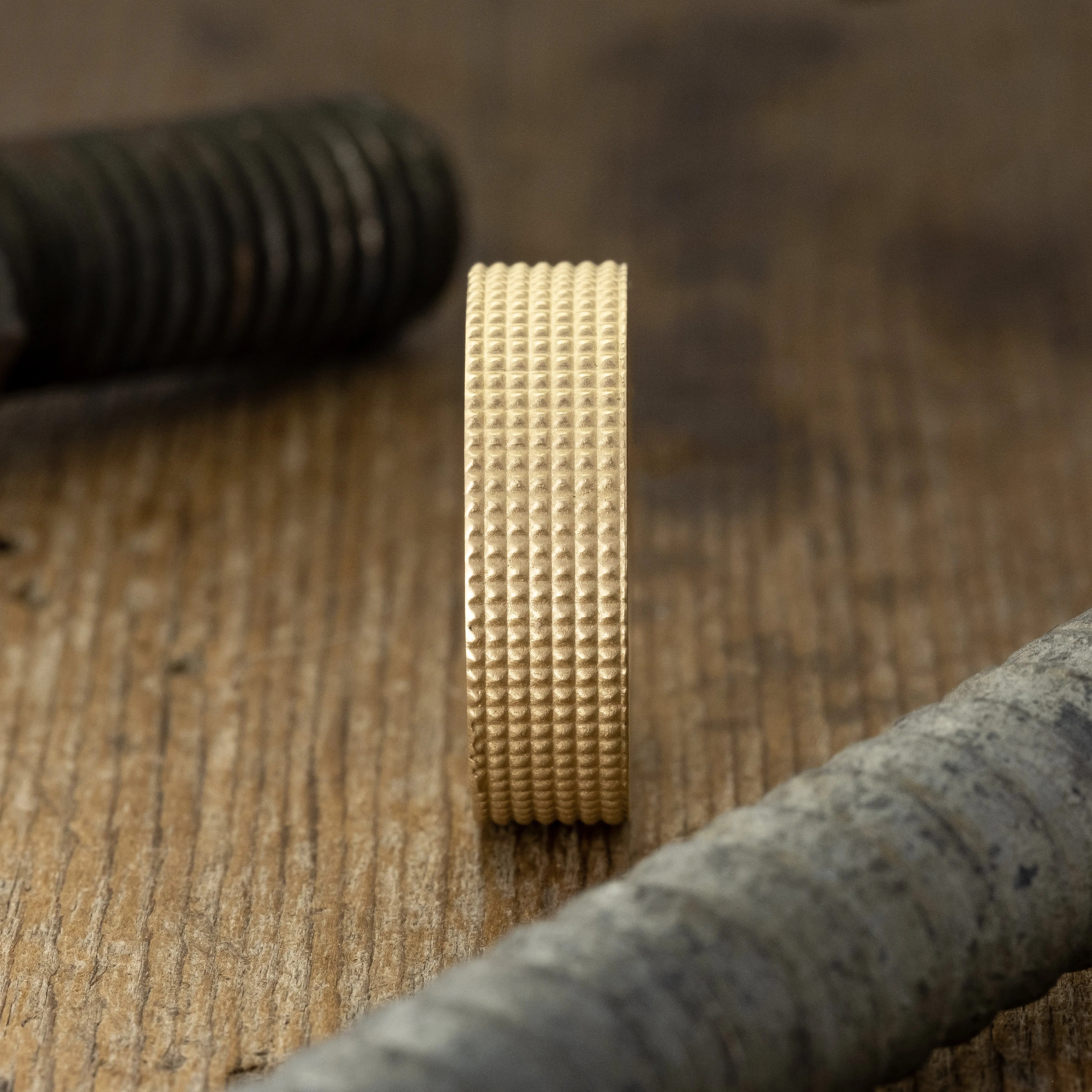 6mm 14k Yellow Gold Mens Wedding Band, Knurling Texture