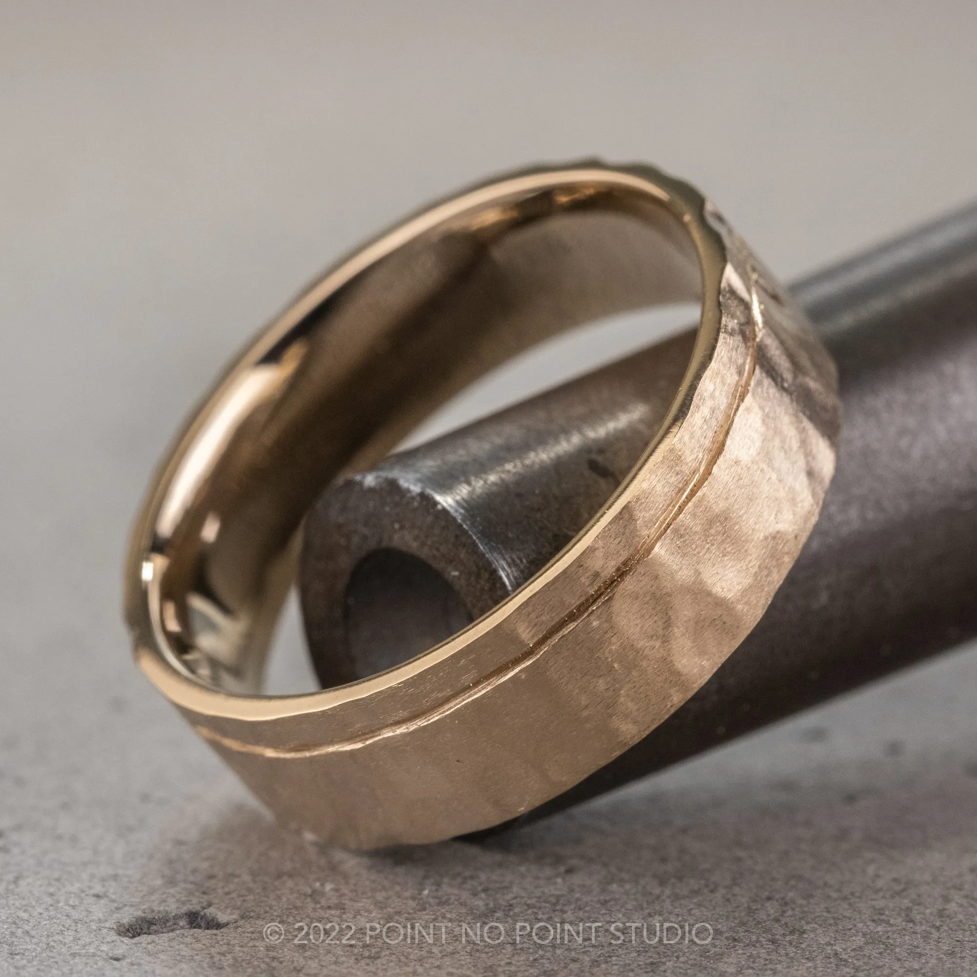 6mm 14k Yellow Gold Mens Wedding Band With Asymmetrical Notch,  Hammered Matte