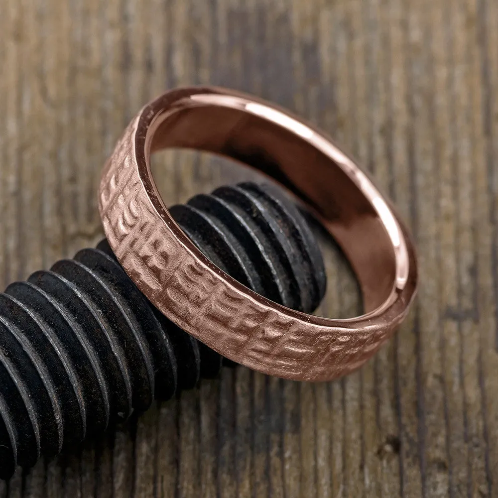6mm, Comfort Fit, 14k Rose Gold Mens Wedding Band, Textured Matte