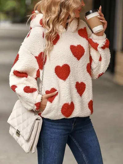 Amara Fuzzy Heart Pocketed Dropped Shoulder Hoodie