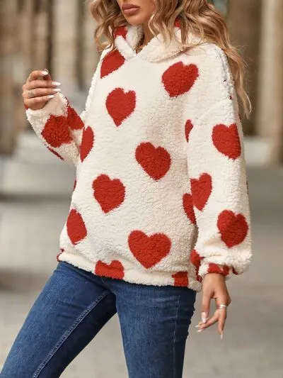 Amara Fuzzy Heart Pocketed Dropped Shoulder Hoodie