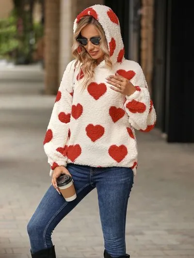 Amara Fuzzy Heart Pocketed Dropped Shoulder Hoodie