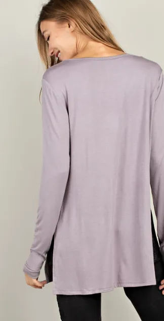 Bamboo Side Slit Long Sleeve Tee - Black