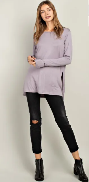 Bamboo Side Slit Long Sleeve Tee - Black