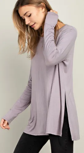 Bamboo Side Slit Long Sleeve Tee - Black