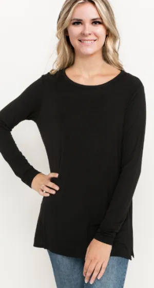 Bamboo Side Slit Long Sleeve Tee - Black