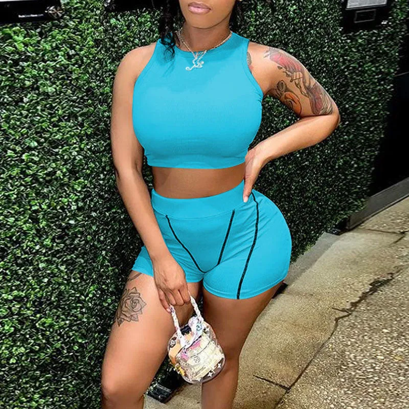 Basic Print Sleeveless Crop Top & Shorts Set