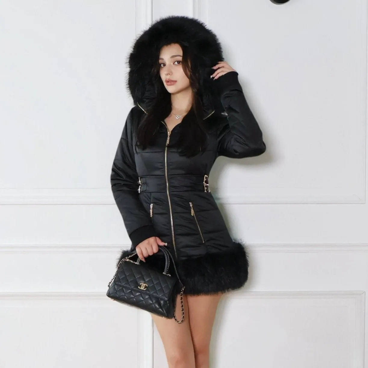 Belted fur padded jacket