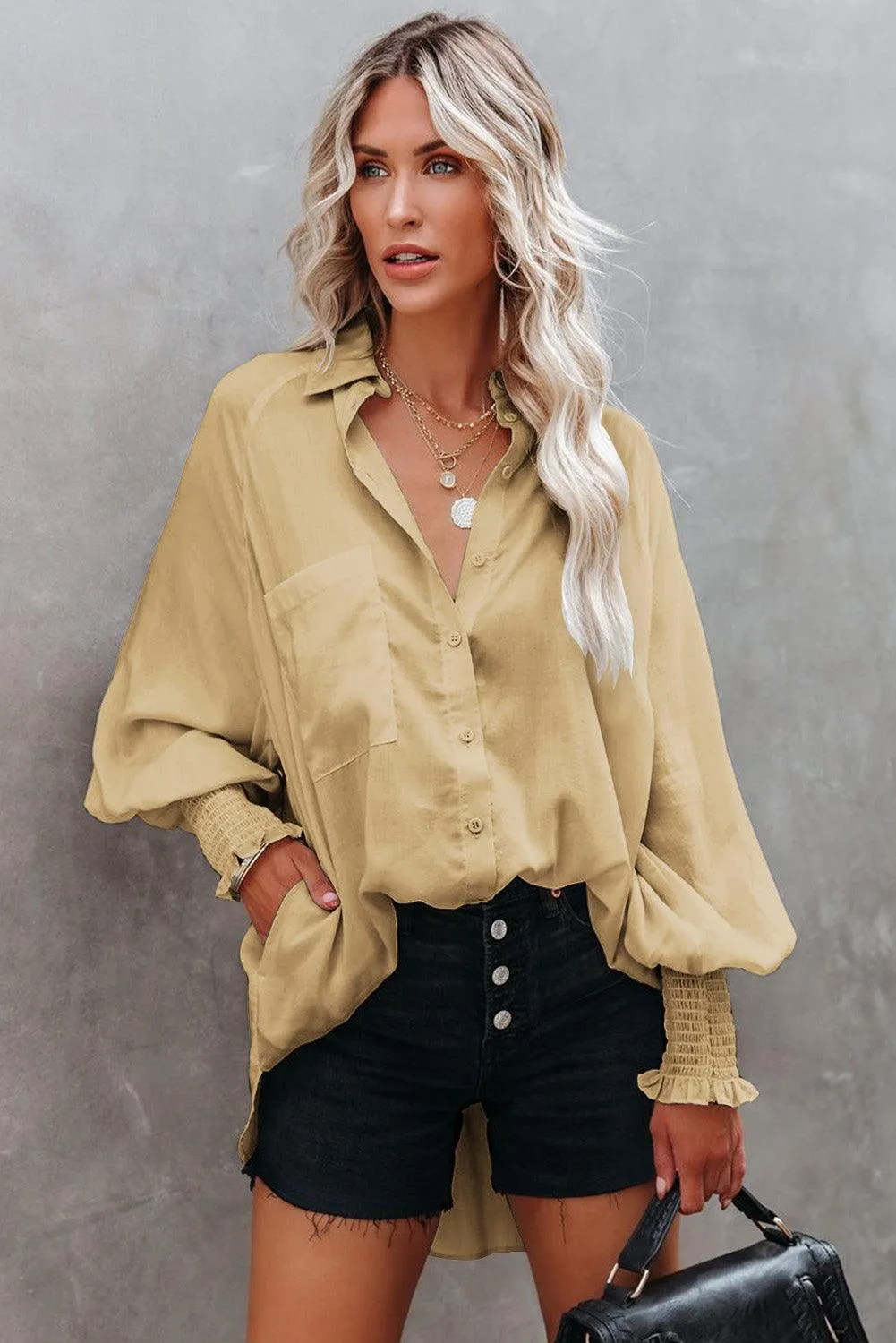 Billowy Sleeves Pocketed Shirt