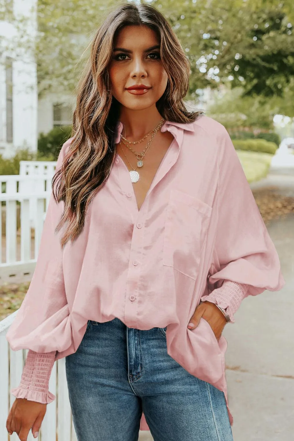 Billowy Sleeves Pocketed Shirt