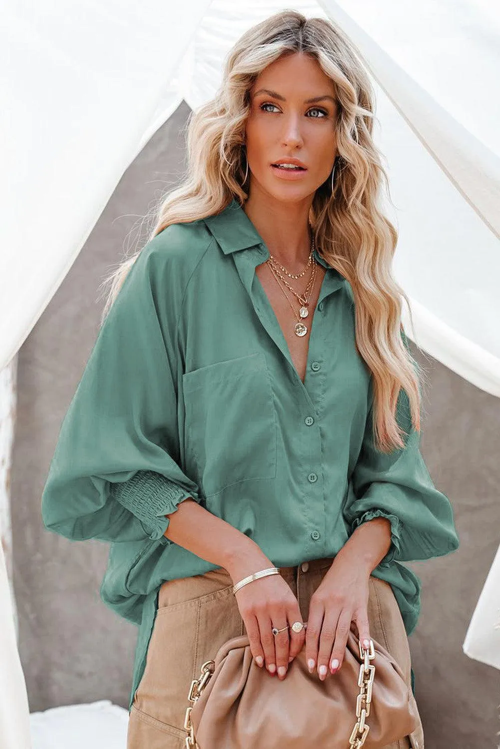 Billowy Sleeves Pocketed Shirt