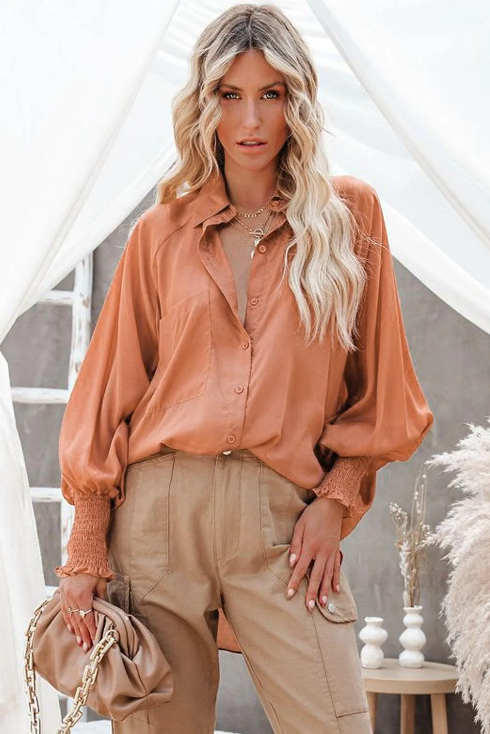 Billowy Sleeves Pocketed Shirt