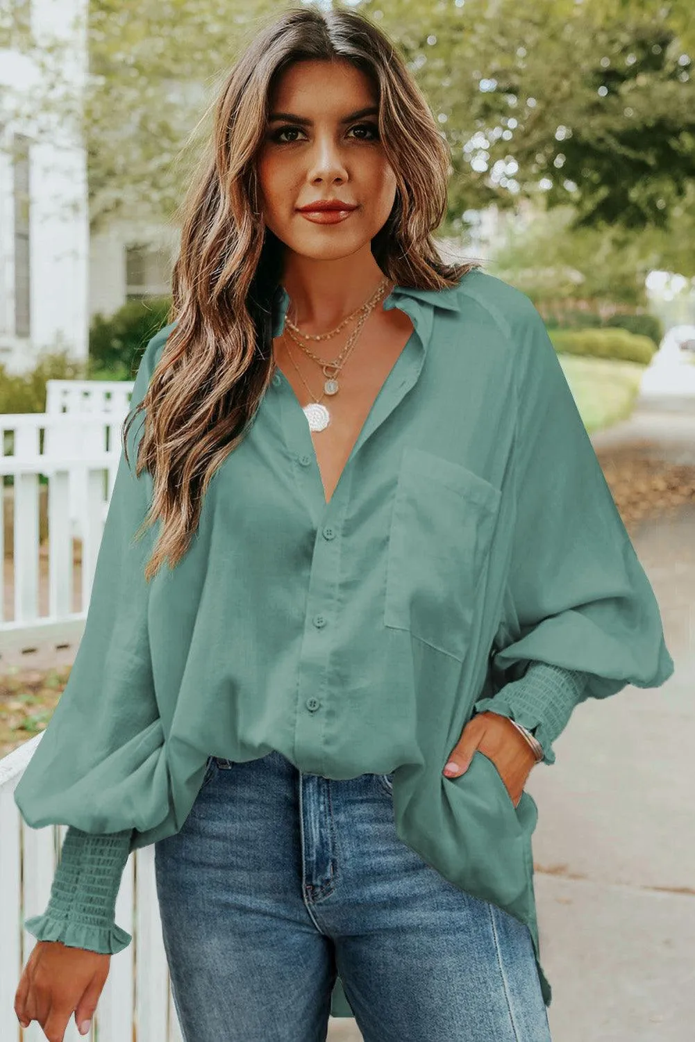 Billowy Sleeves Pocketed Shirt