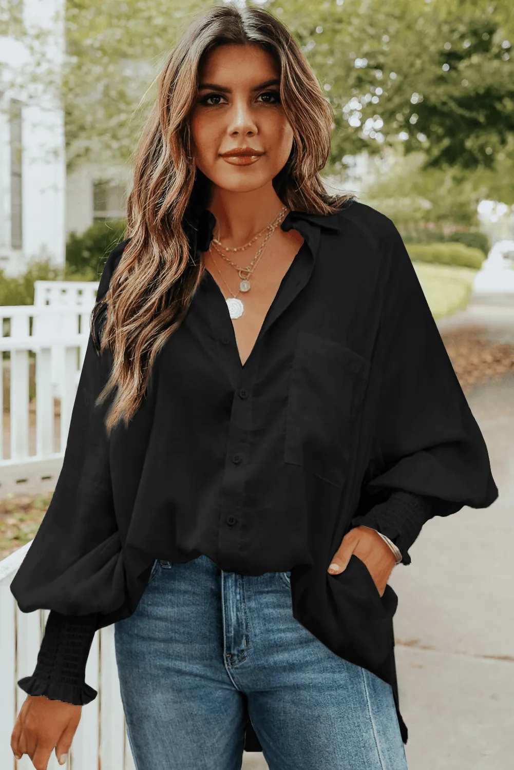 Billowy Sleeves Pocketed Shirt
