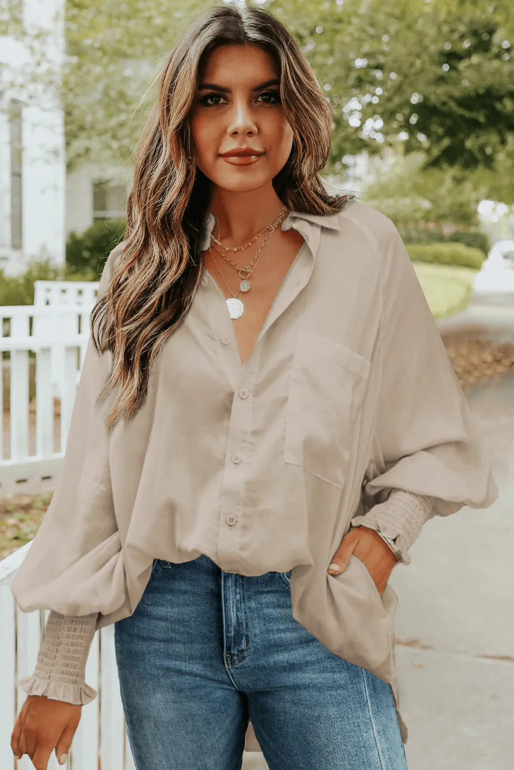 Billowy Sleeves Pocketed Shirt