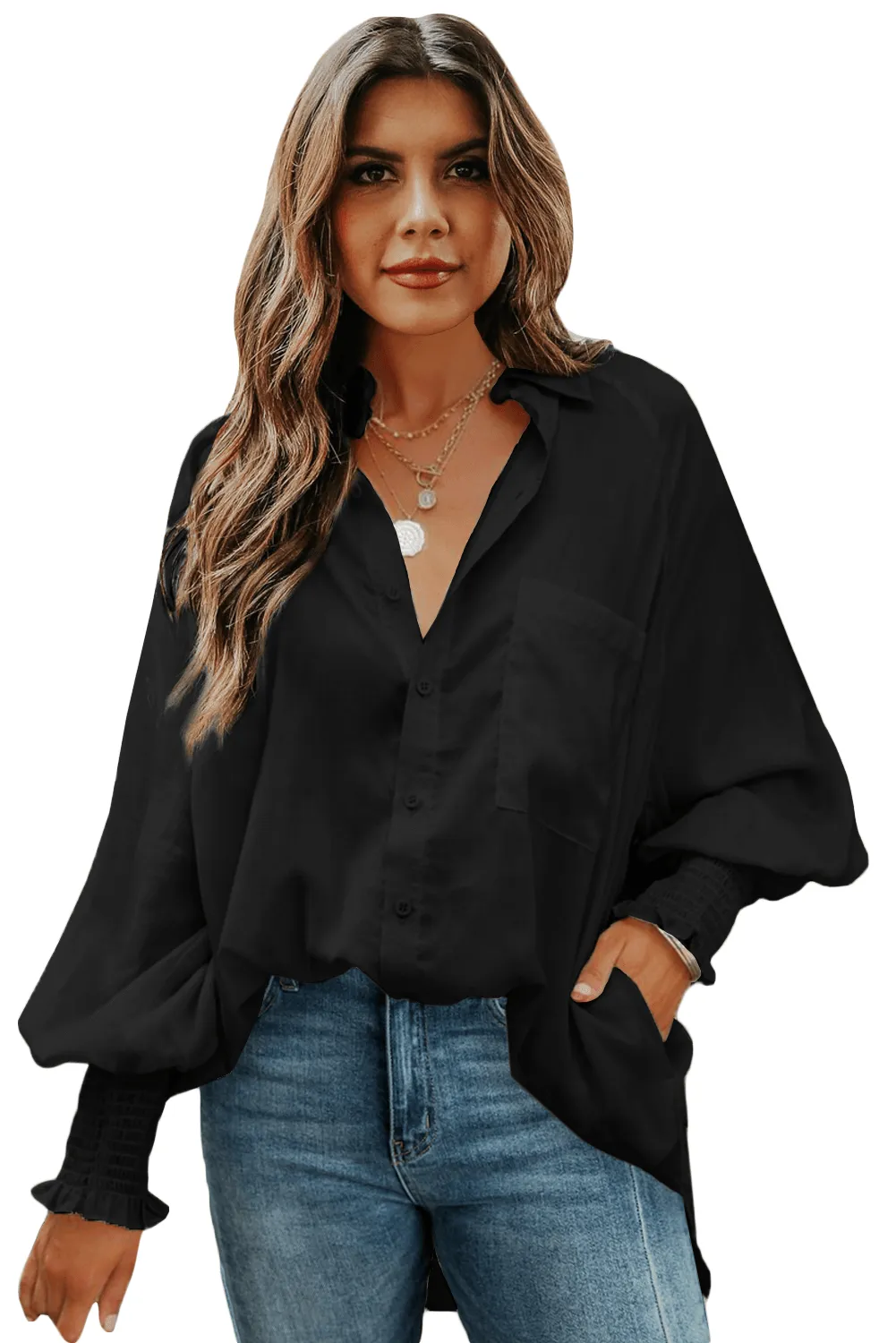 Billowy Sleeves Pocketed Shirt