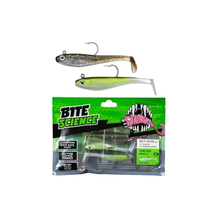 Bite Science Multi Colour  4" Thump Shad  4 pack Rigged 2/0 Jigheads
