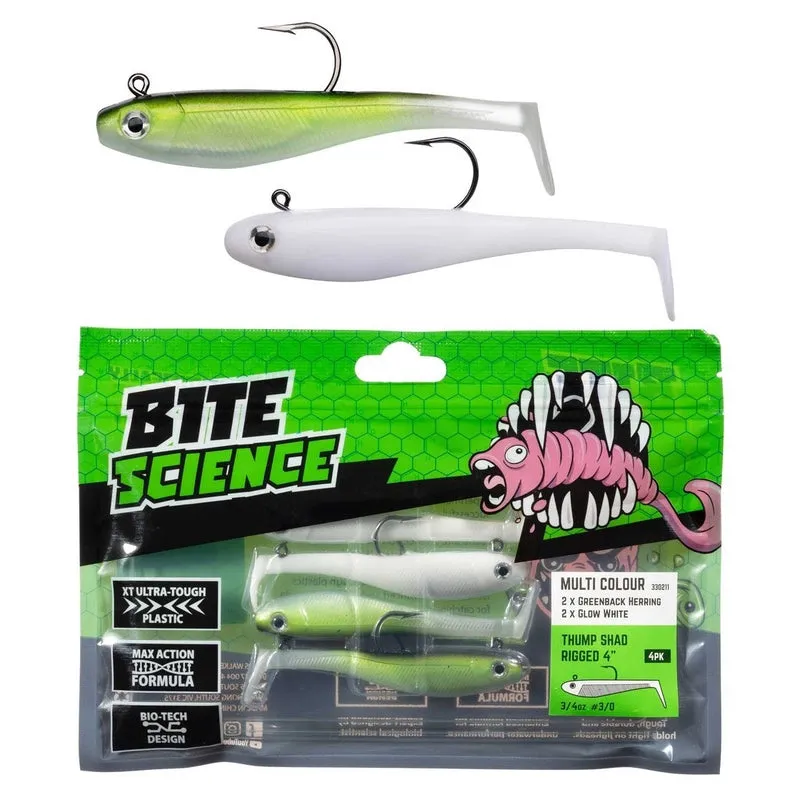 Bite Science Multi Colour  4" Thump Shad  4 pack Rigged 2/0 Jigheads