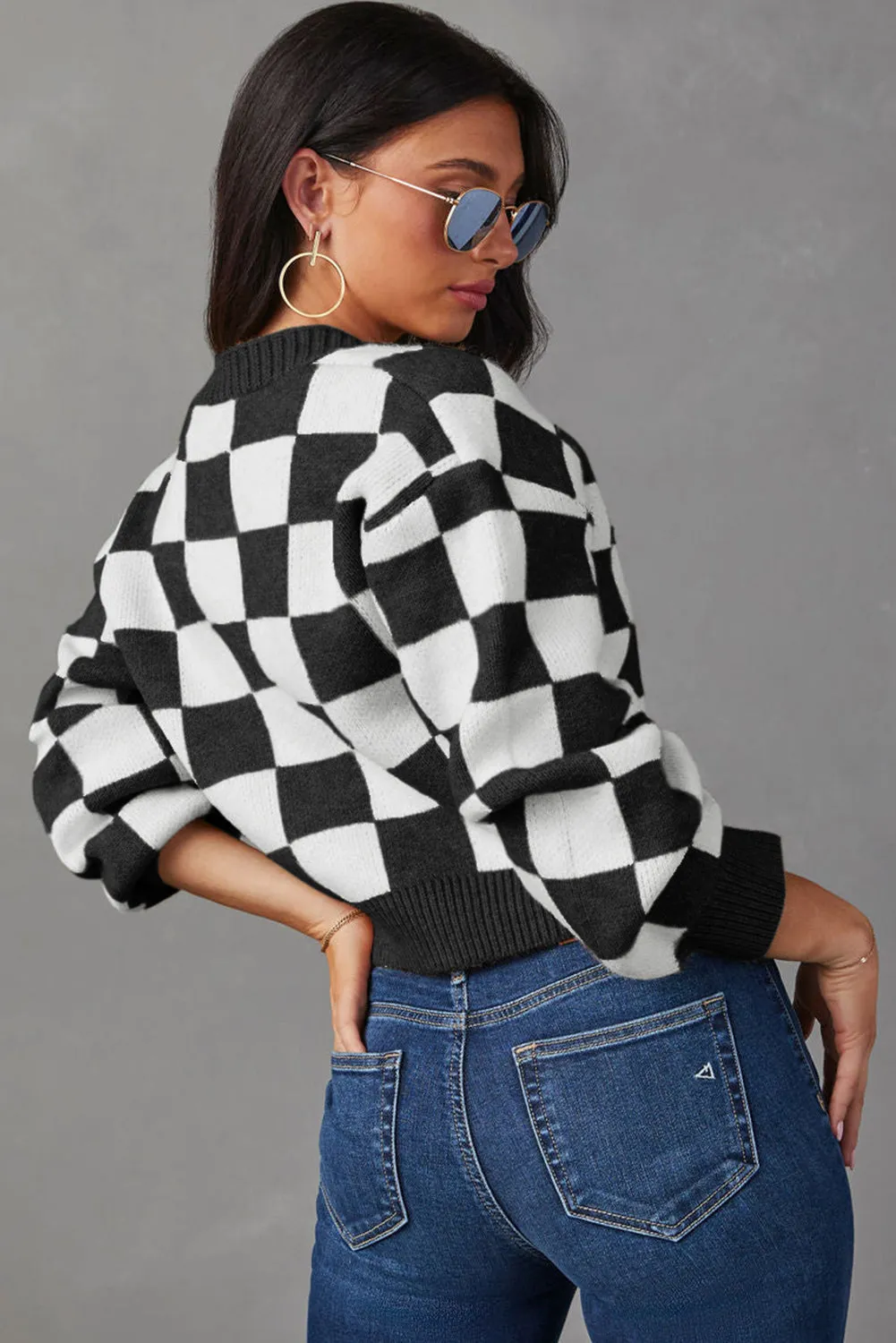 Black CHECKMATE POCKETED KNIT CARDIGAN