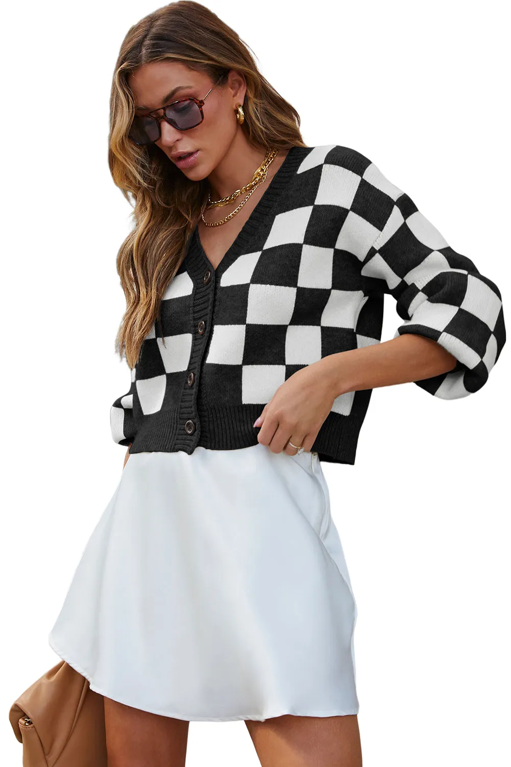 Black CHECKMATE POCKETED KNIT CARDIGAN