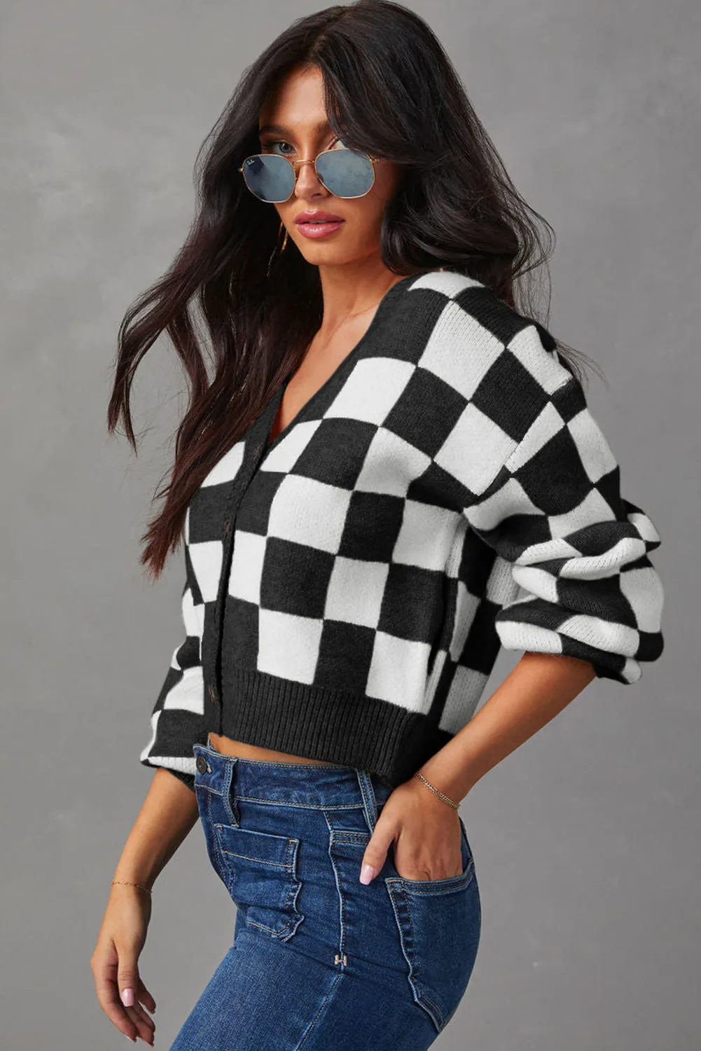 Black CHECKMATE POCKETED KNIT CARDIGAN