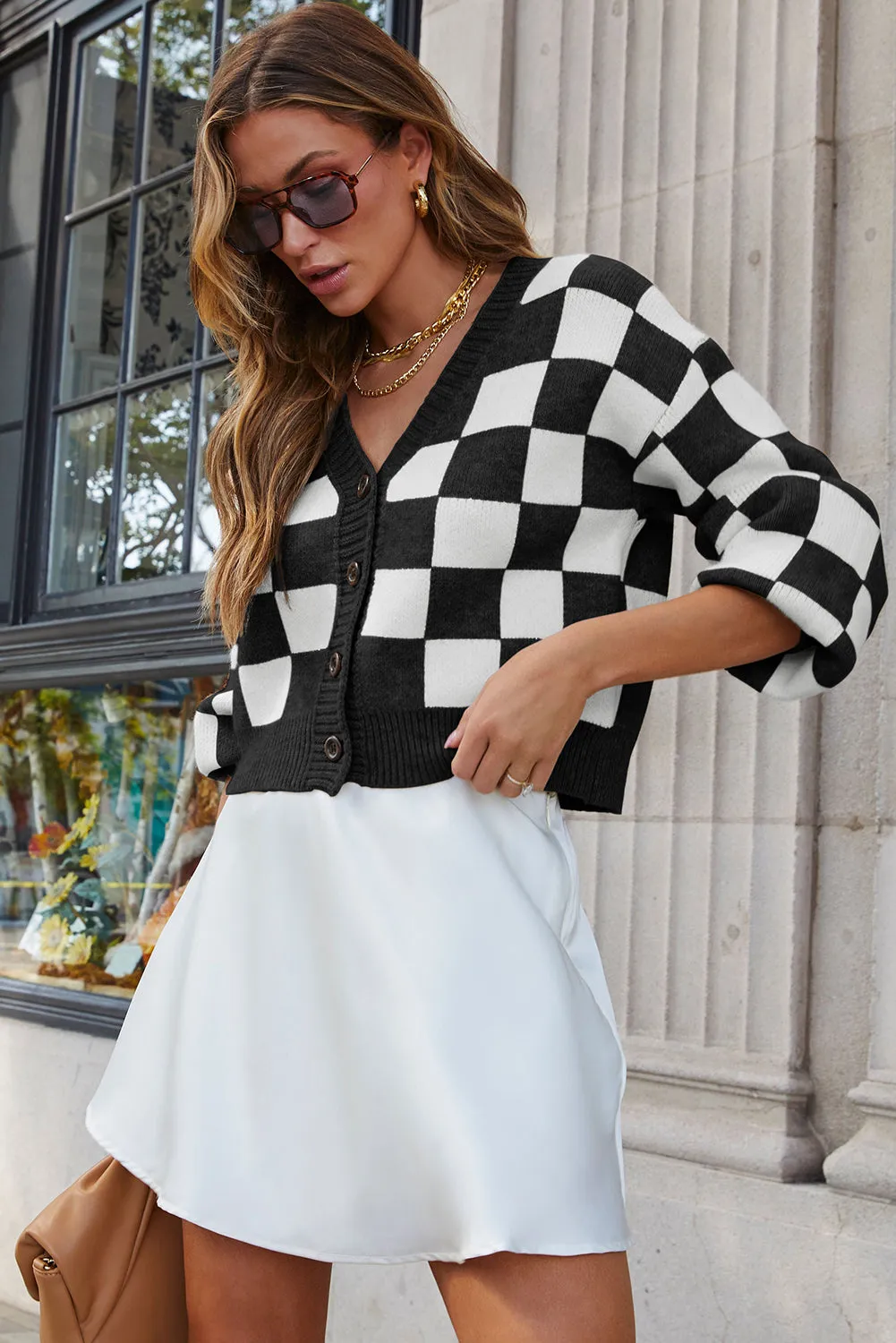 Black CHECKMATE POCKETED KNIT CARDIGAN