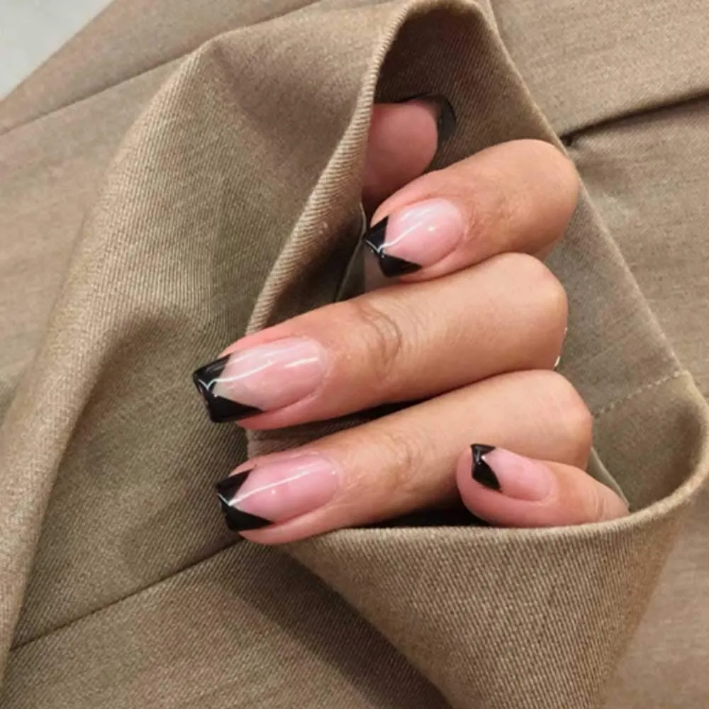 Black French Tip Coffin Press On Nails Kit