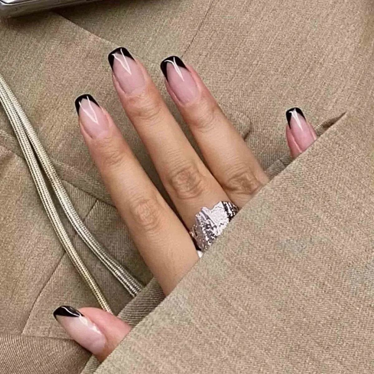 Black French Tip Coffin Press On Nails Kit