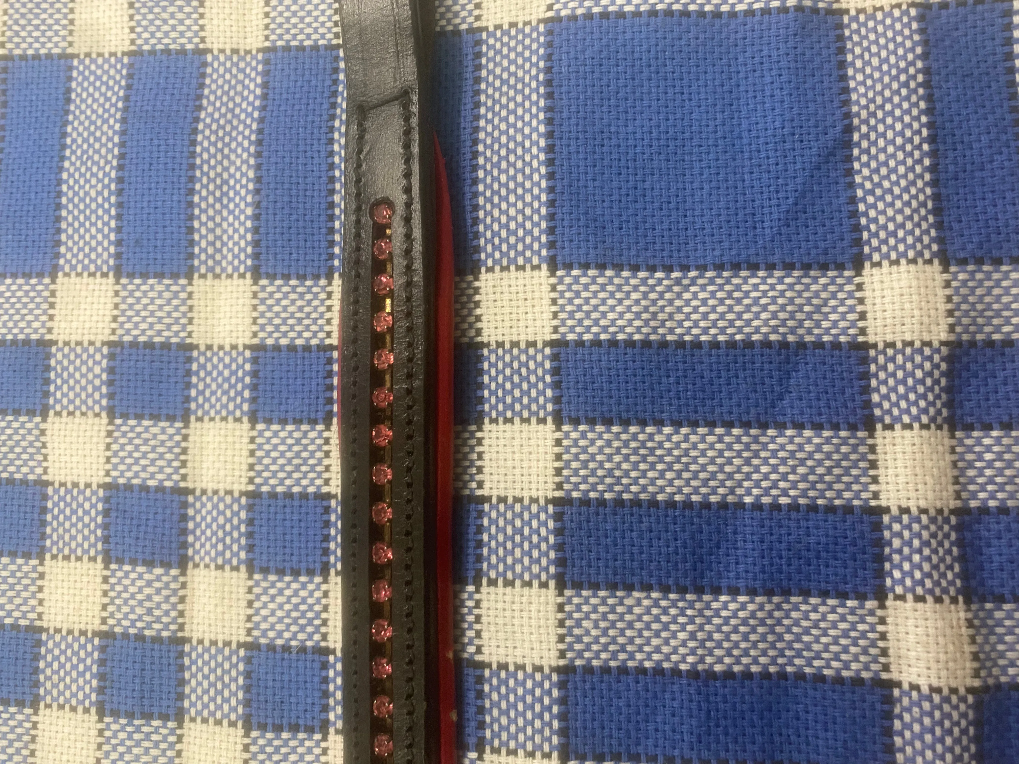 Black leather browband with red padding and bling FREE POSTAGE🟢