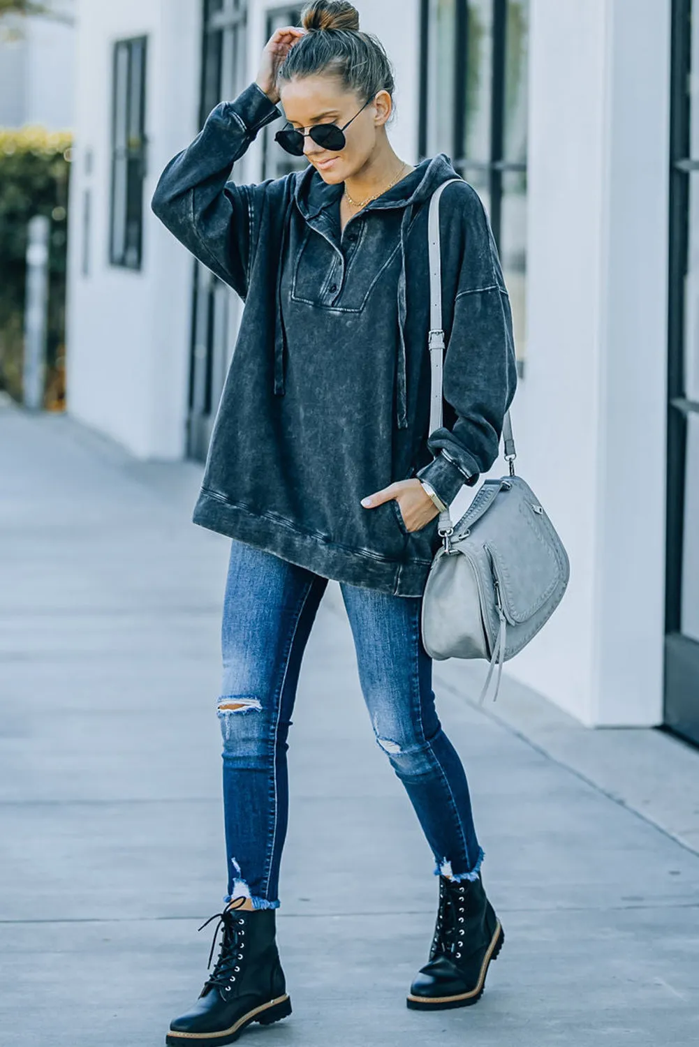 Black Mineral Washed Pocketed Henley Hoodie