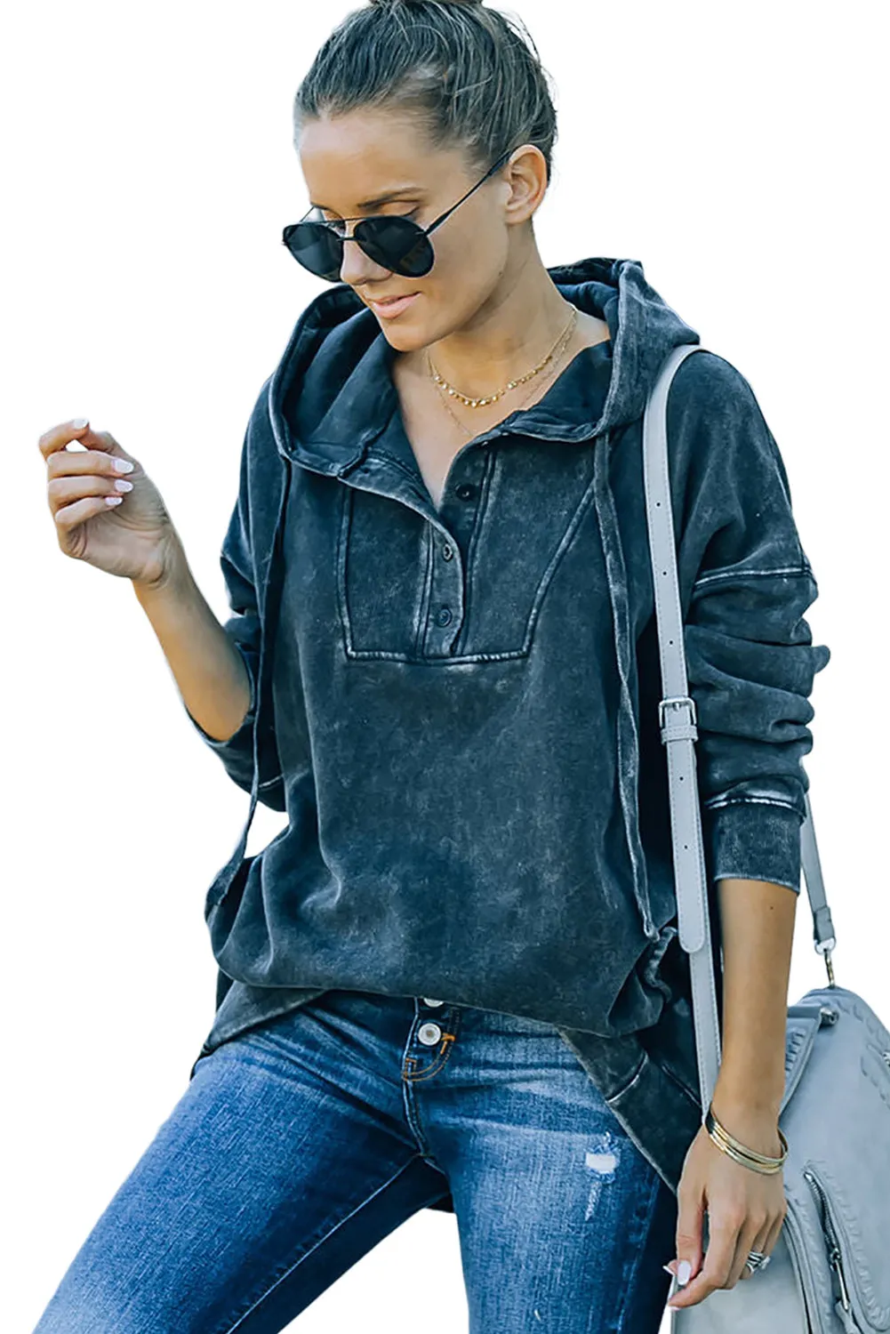 Black Mineral Washed Pocketed Henley Hoodie