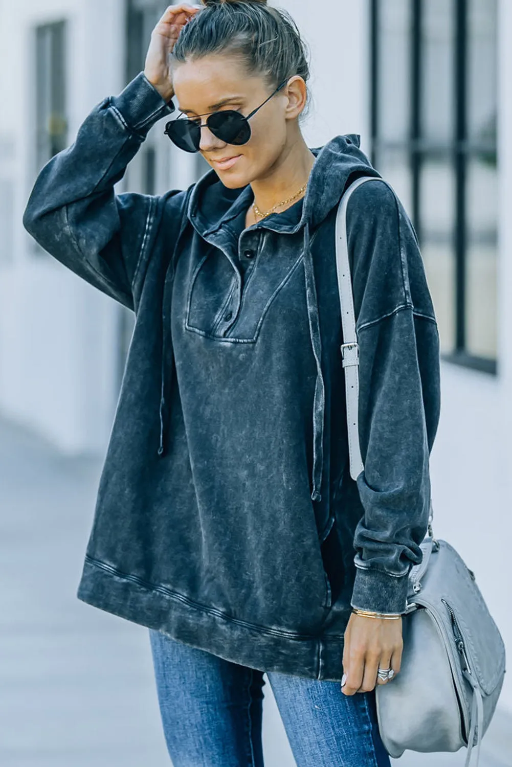 Black Mineral Washed Pocketed Henley Hoodie