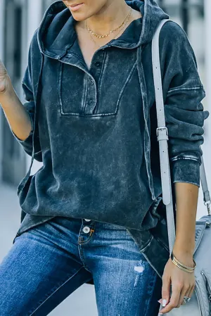 Black Mineral Washed Pocketed Henley Hoodie