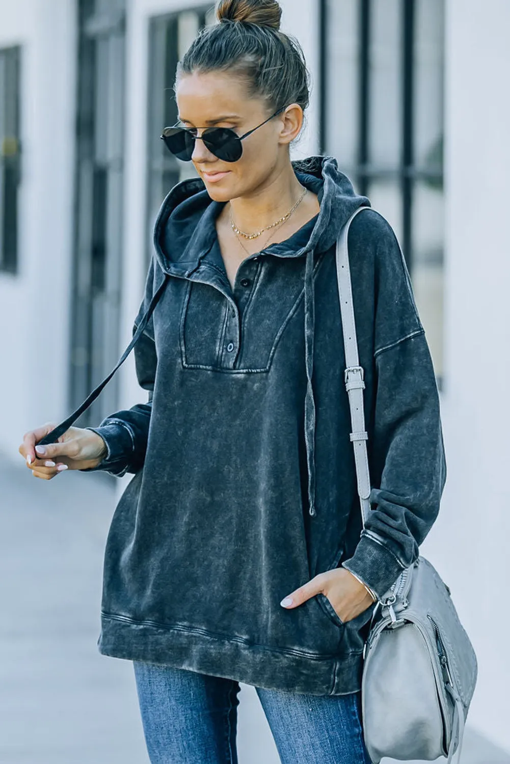 Black Mineral Washed Pocketed Henley Hoodie