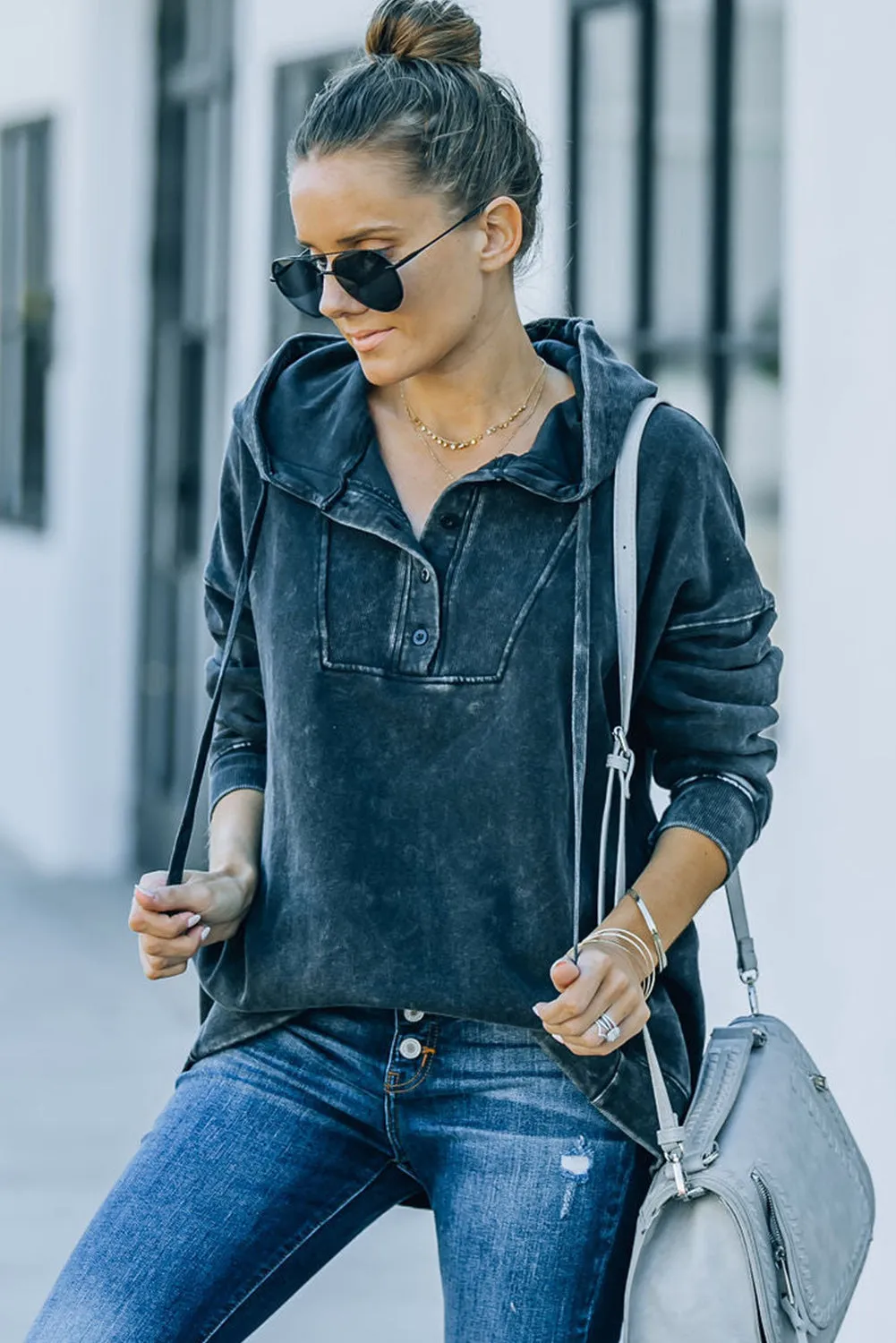 Black Mineral Washed Pocketed Henley Hoodie