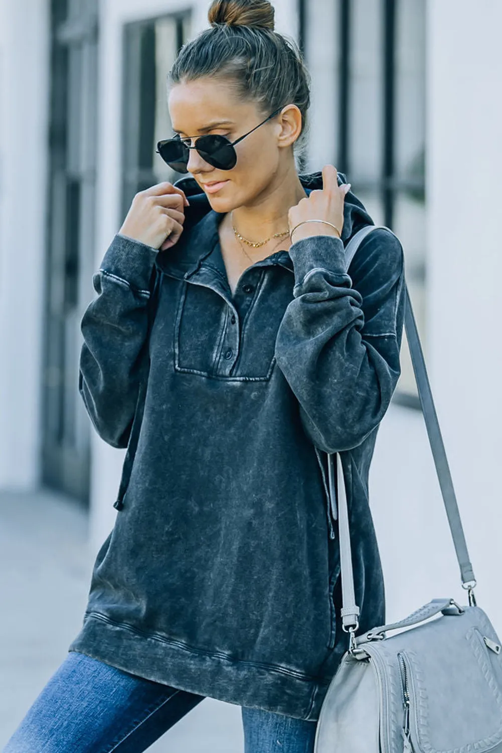 Black Mineral Washed Pocketed Henley Hoodie