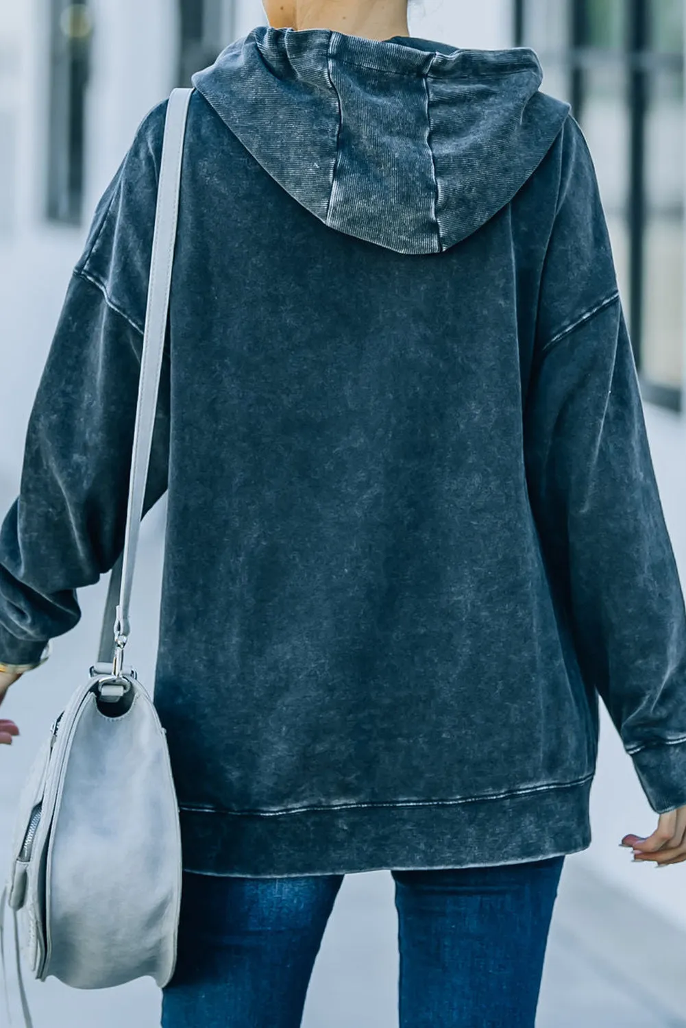 Black Mineral Washed Pocketed Henley Hoodie