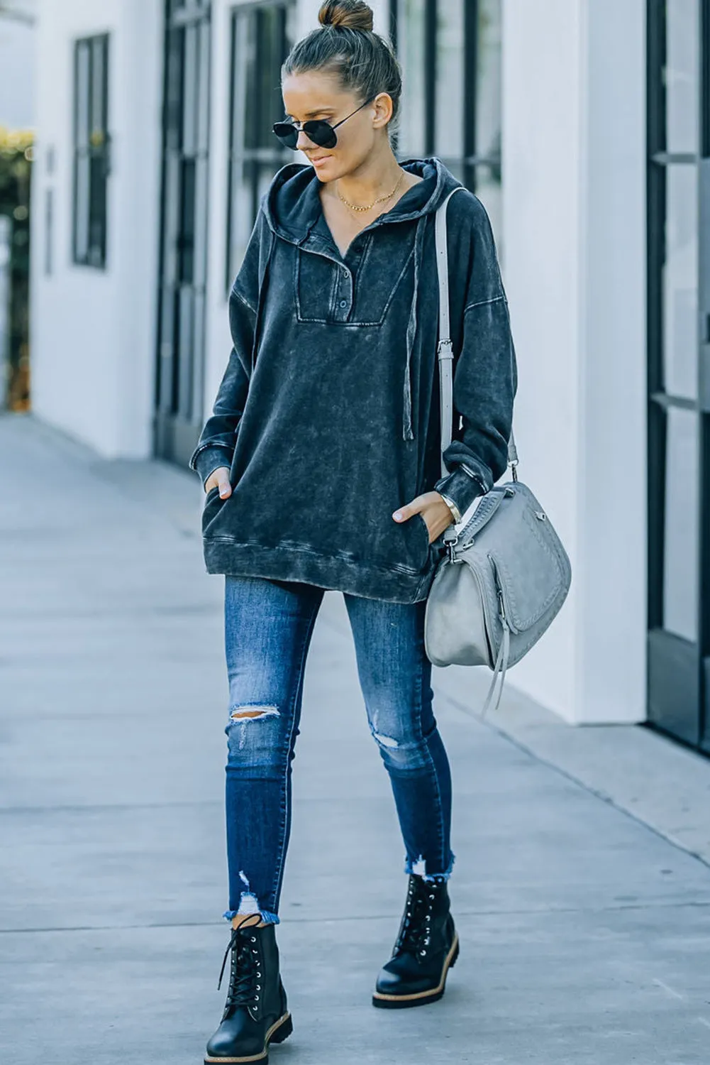 Black Mineral Washed Pocketed Henley Hoodie