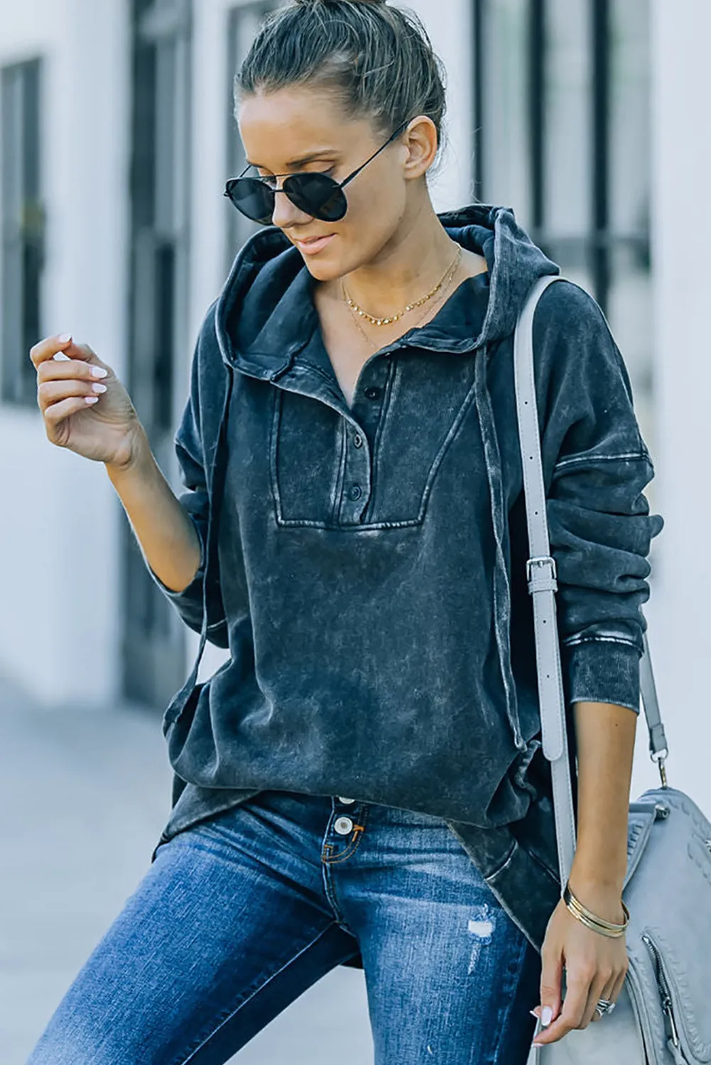 Black Mineral Washed Pocketed Henley Hoodie