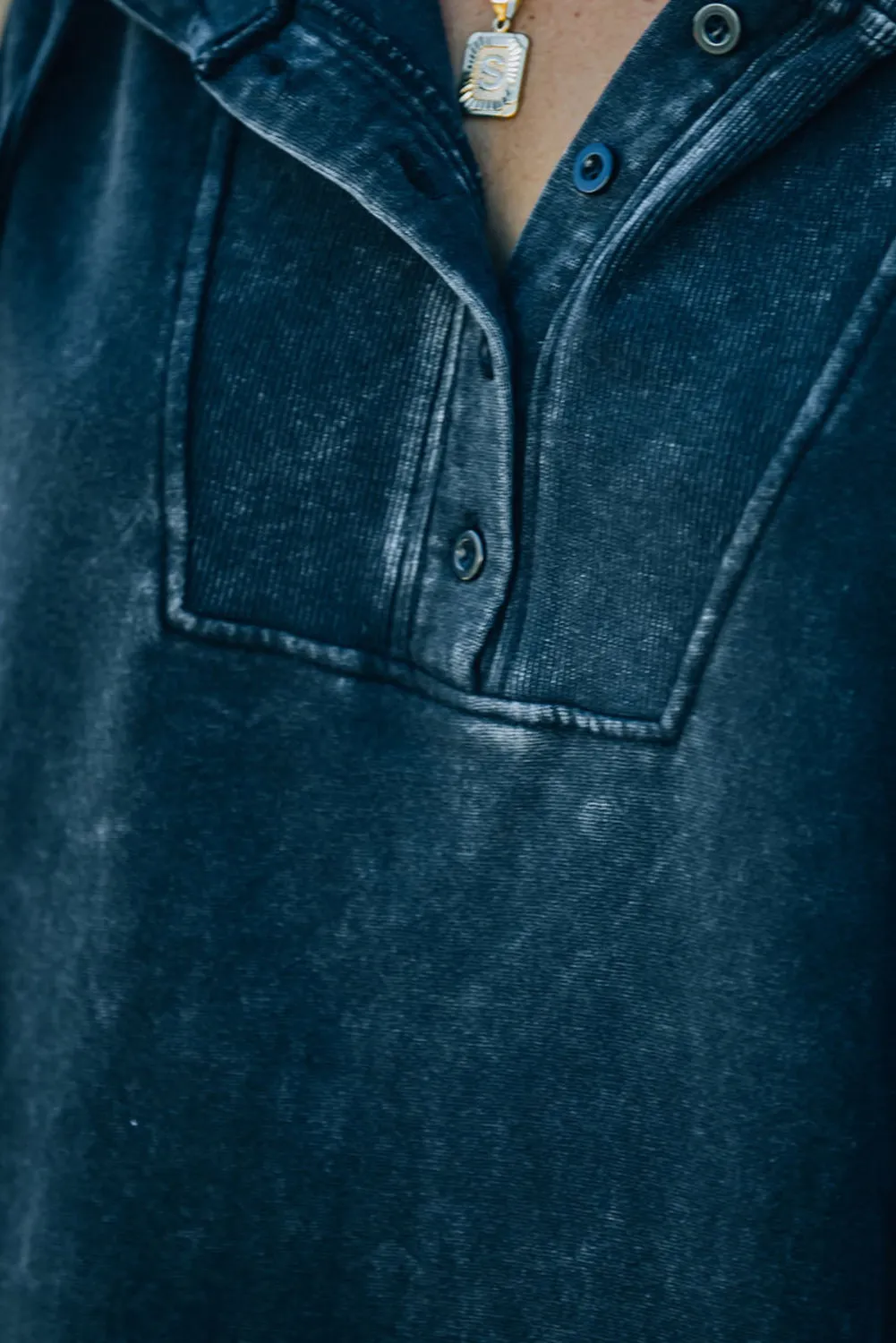 Black Mineral Washed Pocketed Henley Hoodie