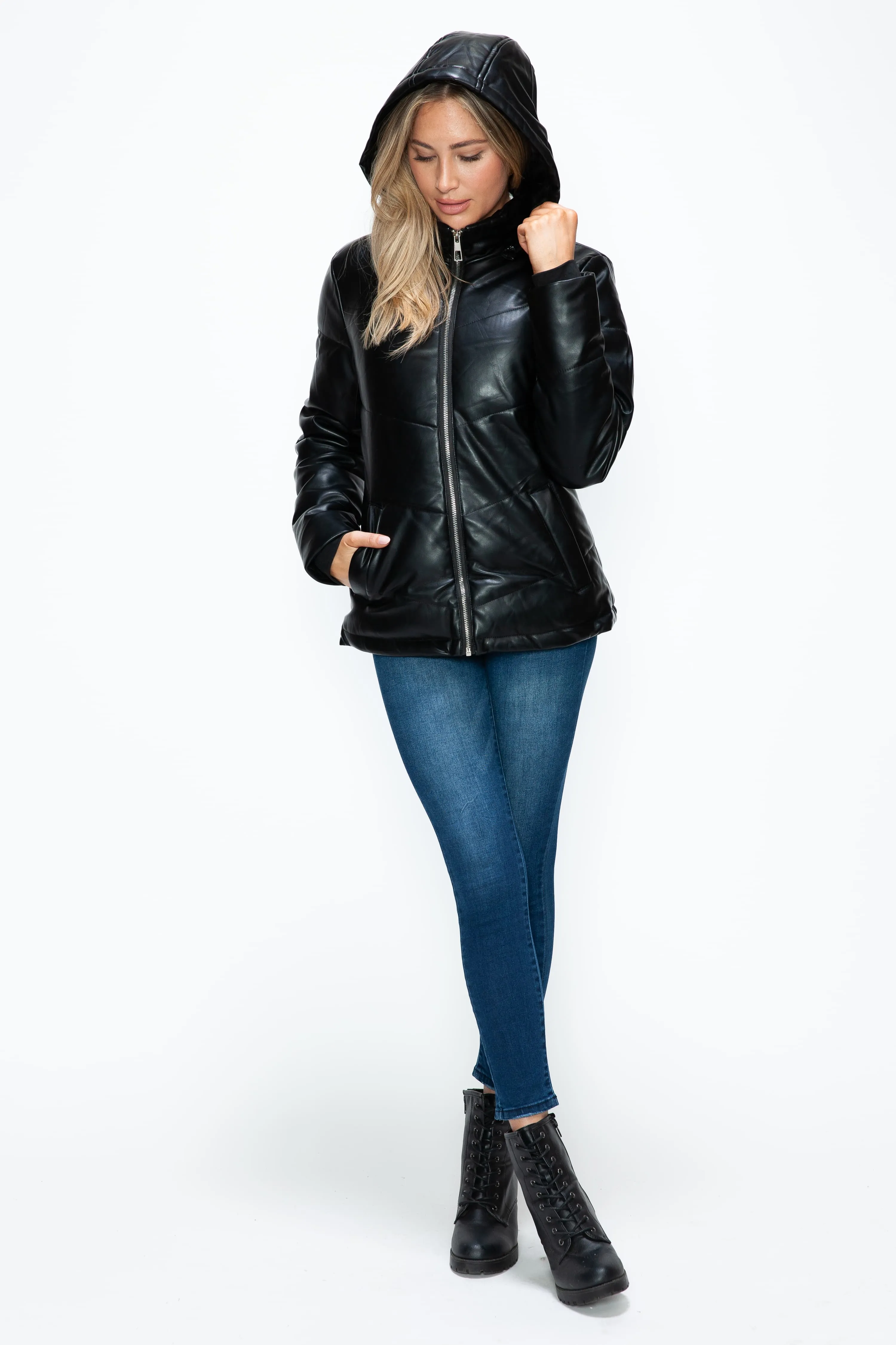 Black Zip Up Puffer Jacket with Removable Hood