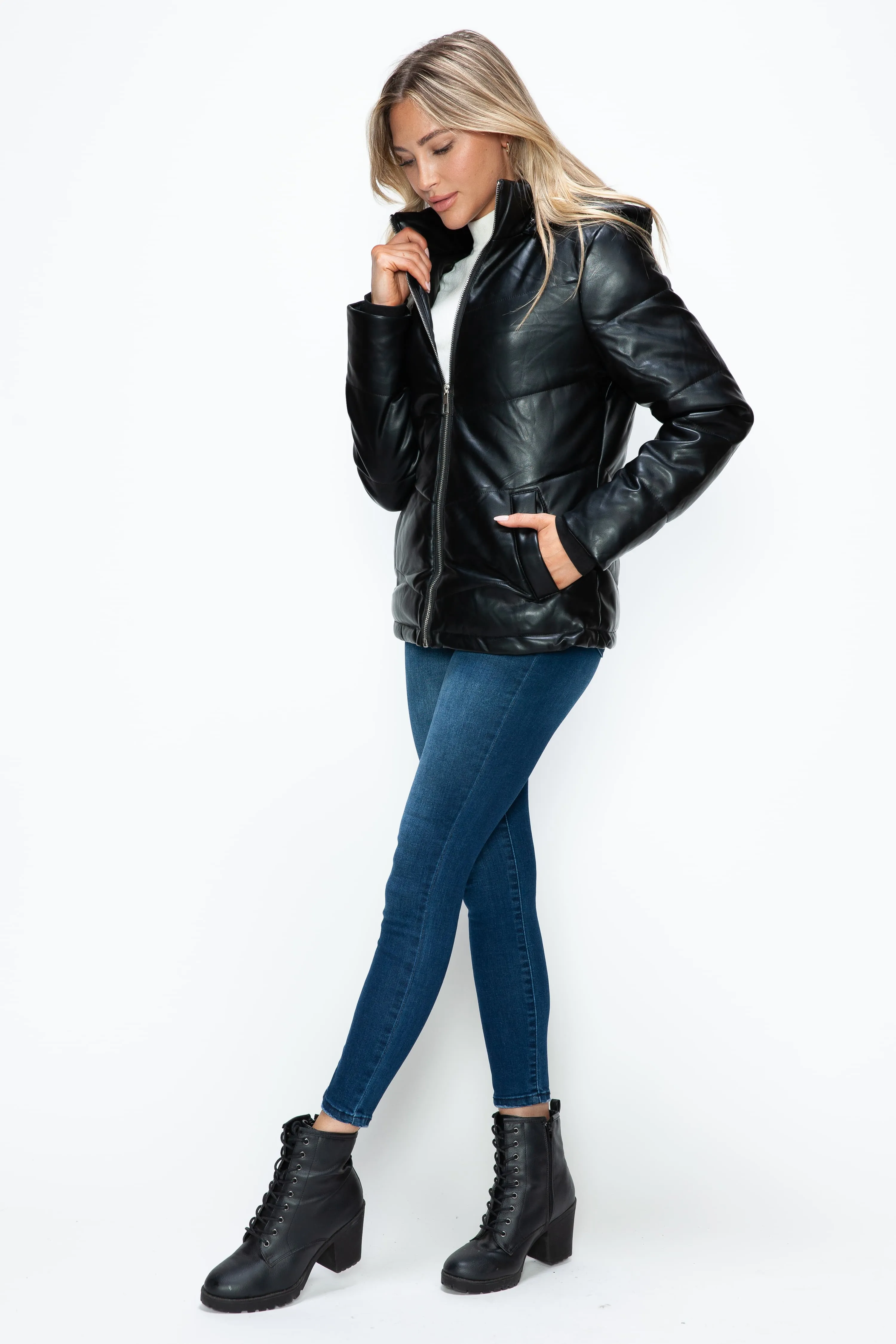 Black Zip Up Puffer Jacket with Removable Hood