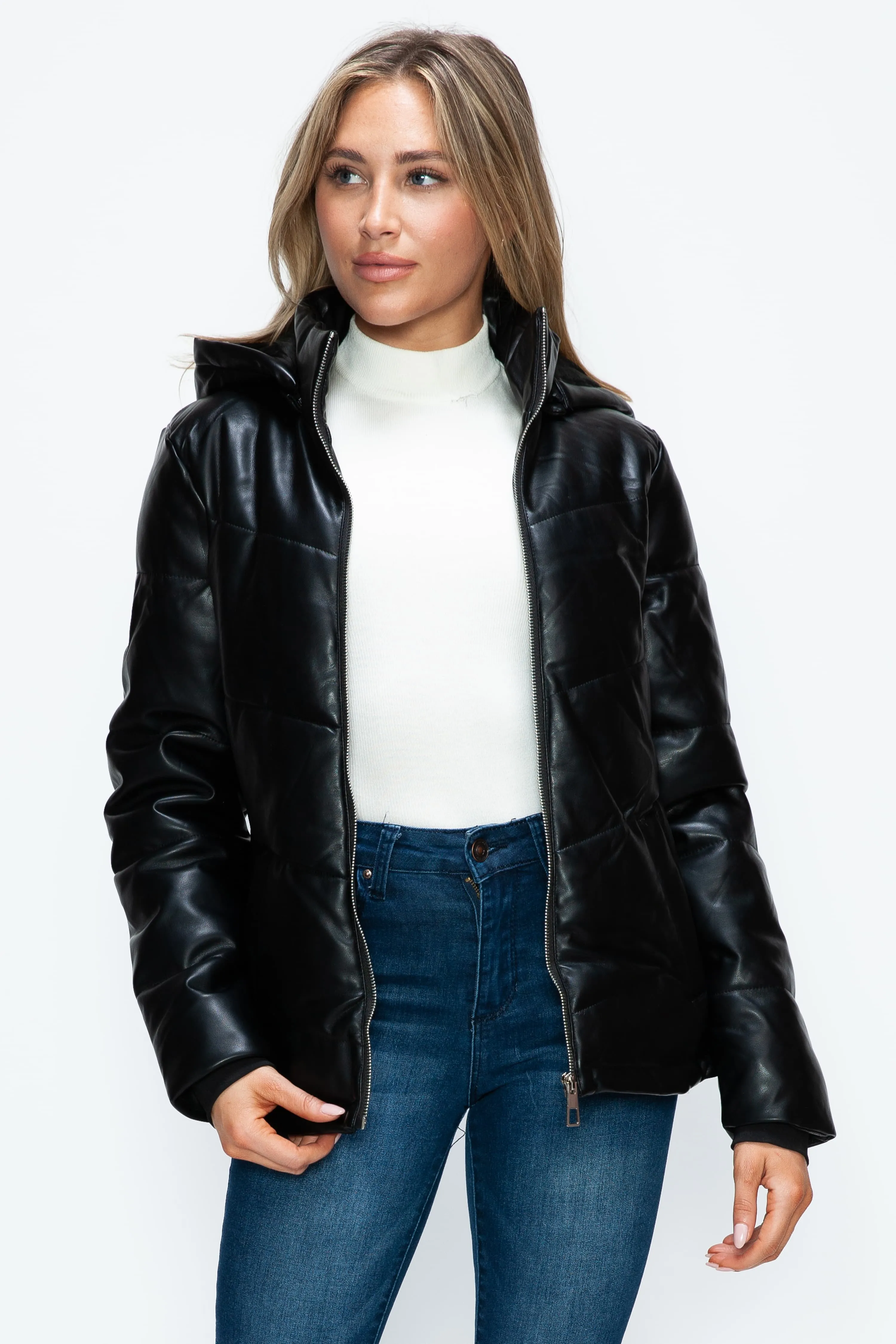 Black Zip Up Puffer Jacket with Removable Hood